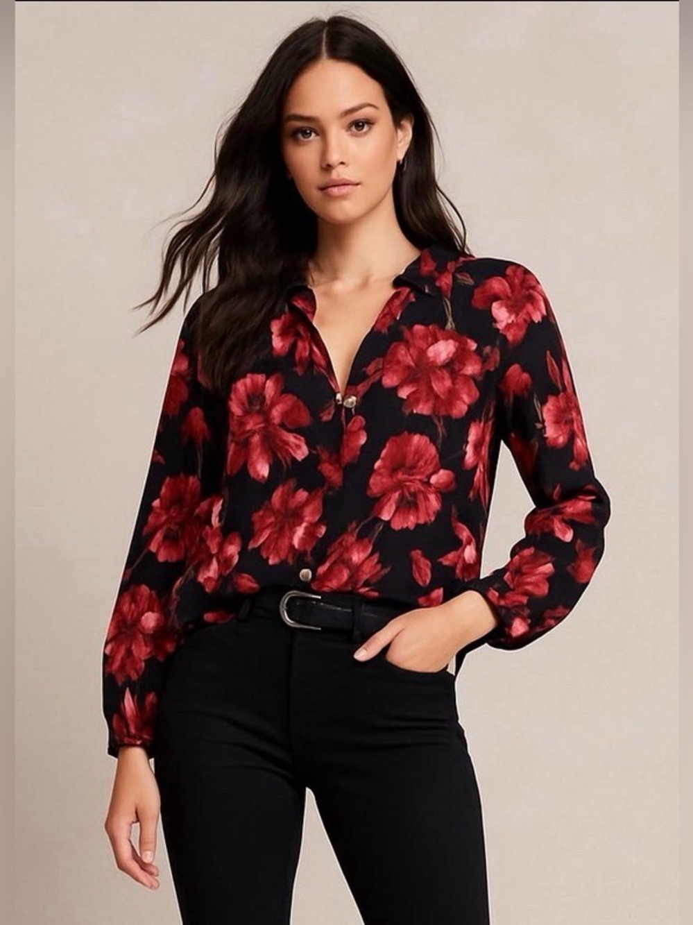 Croft & Barrow Floral, Ruffle, Chain Button V-Neck, Blouse, Black, Red, Size L